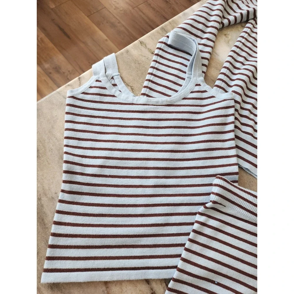 Edikted Women Blue Brown Striped 3 Piece Knit Set Cardigan Tank Shorts XS S